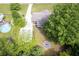Aerial view of the home showing backyard, pool, and firepit/sitting area at 599 Honey Creek Rd, Conyers, GA 30094