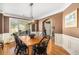 Charming dining room with a wooden table, decorative chandelier, and wainscoting at 5004 Lake Mist Se Dr, Mableton, GA 30126