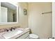 Compact bathroom featuring a granite vanity, a white toilet, and a framed mirror above the sink at 173 Avalon Way, Riverdale, GA 30274