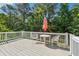 Outdoor patio featuring chairs, table and umbrella with fenced backyard surrounded by mature trees at 1820 Habersham Gate Dr, Cumming, GA 30041