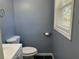 Bathroom featuring blue walls, a toilet, and a sink with a window at 2875 Carriage Ln, Atlanta, GA 30349