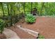 Tranquil backyard with a wooden fence, play structure, and lush hydrangeas nestled among mature trees and greenery at 420 Windswept Ct, Roswell, GA 30075