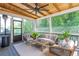 Covered patio with ceiling fan and comfortable seating overlooking the wooded backyard at 2370 Bradwardine Ct, Cumming, GA 30041
