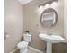 Elegant powder room with a pedestal sink, oval mirror, and neutral color scheme at 3200 Seven Pines Ct # 103, Atlanta, GA 30339
