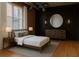 Modern bedroom features a large round mirror, black accent wall, and minimalist decor, creating a sleek and stylish retreat at 3235 Roswell Ne Rd # 521, Atlanta, GA 30305