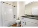 Well-lit bathroom featuring a granite countertop, white cabinets, and a bathtub with a shower at 208 Starr Cir, Stockbridge, GA 30281
