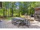Backyard patio with outdoor seating and an outdoor table, surrounded by mature trees and greenery at 4531 Kings Lake Dr, Marietta, GA 30067