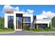 Stunning modern home featuring a stylish facade with large windows and a well-manicured lawn at 7504 Rivertown Rd, Fairburn, GA 30213