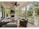 Comfortable screened-in porch with fireplace, fan, and ample seating, perfect for outdoor relaxation at 304 Meadowbrook Ne Dr, Atlanta, GA 30342