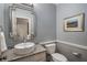 Stylish powder room featuring a modern vessel sink, granite countertop, framed mirror, and contemporary fixtures at 1061 Polo Club Nw Dr, Marietta, GA 30064