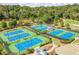An aerial view showcasing well-maintained tennis courts bordered by landscaping and trees at 250 Chason Wood Way, Roswell, GA 30076