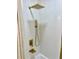 Contemporary shower area showcasing vertical white tile, modern gold fixtures, and a rainfall shower head at 1230 Sunderland Ne Ct, Brookhaven, GA 30319