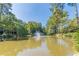 Scenic view of a pond with a fountain surrounded by lush trees at 28106 Plantation Ne Dr, Atlanta, GA 30324