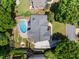 Aerial shot of the property showcasing the pool, lush backyard, and well-manicured landscaping, offering a complete view at 10410 High Falls Cir, Alpharetta, GA 30022