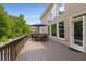 Spacious deck with wood furniture and umbrella, perfect for outdoor entertaining with access to the backyard at 10410 High Falls Cir, Alpharetta, GA 30022