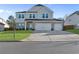 Two-story home with a three-car garage, grey siding, brick accents, and manicured front lawn at 3560 Summerpoint Xing, Cumming, GA 30028