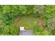 Overhead view of the home featuring a large lawn, play structure, and mature trees around the property at 3663 Homewood Trl, Powder Springs, GA 30127