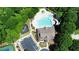 Aerial view of the community pool, playground, and parking area surrounded by lush greenery at 621 Oakbourne Way, Woodstock, GA 30188