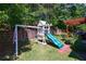 Backyard view of a wooden playset with swings and a slide, situated on a well-maintained lawn and landscaped perimeter at 621 Oakbourne Way, Woodstock, GA 30188