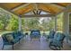 Inviting covered patio with comfortable seating, wood ceiling, and views of the lush backyard at 3264 Andante Ne Dr, Marietta, GA 30062