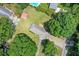This aerial shot showcases the backyard, neighboring swimming pool, and surrounding mature trees at 232 Hembredge Dr, Canton, GA 30115