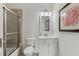 Well-lit bathroom featuring glass shower, a white vanity, and framed wall art at 7540 Shadburn Ferry Rd, Cumming, GA 30041