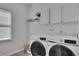 Clean laundry room with front loading machines, storage and natural light at 7014 E Hills Way, Woodstock, GA 30189
