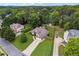 Aerial view of single-Gathering home with a well-maintained lawn, fenced backyard, and a two-car garage in a tree-filled neighborhood at 1020 Regency Dr, Acworth, GA 30102