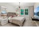 Bedroom with a chandelier, neutral decor, and a view of the backyard trees at 172 Aspen Hall Dr, Canton, GA 30115