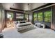 Stunning main bedroom boasts a tufted platform bed, chandelier, and scenic backyard views at 172 Aspen Hall Dr, Canton, GA 30115