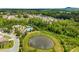 Aerial view of a neighborhood showing community amenities including a pool, tennis court, and a pond at 6995 Tybridge St, Cumming, GA 30040