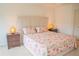 Bright bedroom features carpet, a large bed with a floral pattern, and matching bedside tables at 4448 Tacoma Trce, Suwanee, GA 30024