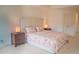 Bright bedroom features carpet, a large bed with a floral pattern, and matching bedside tables at 4448 Tacoma Trce, Suwanee, GA 30024