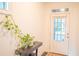 Inviting entryway with a modern white door and a decorative green plant on a dark console table at 4448 Tacoma Trce, Suwanee, GA 30024