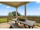 Outdoor patio with wooden deck featuring a dining table and bench seating with green mountain views at 231 Laurel Vista Dr, Canton, GA 30114