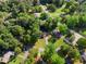 Aerial view of property showcasing its setting amidst lush greenery and mature trees in a well-established neighborhood at 2849 Knotty Pine Ct, Buford, GA 30519