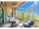 Covered outdoor deck with stone fireplace, seating, and picturesque scenery at 23 Sunset Se Rdg, Cartersville, GA 30121