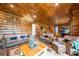 Spacious living room boasting log walls, antler chandelier, and plenty of seating at 23 Sunset Se Rdg, Cartersville, GA 30121
