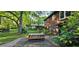 View of the brick home, backyard with patio, picnic table, and mature trees at 2511 Oak Ave, Tucker, GA 30084