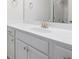 Bright bathroom featuring a vanity with white cabinets, a white countertop, and modern fixtures at 1809 Hanwoo Ln, Powder Springs, GA 30127