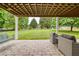 Inviting backyard features a covered patio with seating overlooking a lush lawn and play area at 7925 Silversmith Dr, Cumming, GA 30028
