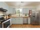 Bright kitchen featuring stainless appliances, blue cabinets, and butcher block countertops at 7925 Silversmith Dr, Cumming, GA 30028