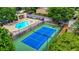 Aerial view showcasing the community pool, tennis court, and lush landscaping for a vibrant living experience at 907 Parkaire Xing, Marietta, GA 30068