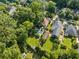 An aerial view of a home with a large, grassy yard and a beautiful in-ground pool surrounded by lush trees in a neighborhood at 239 Kings Hwy, Decatur, GA 30030