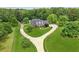 Aerial shot of the landscaped property and circular driveway leading to the beautiful brick home at 5945 Bannister Rd, Cumming, GA 30028