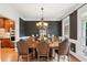 Dining room with wainscoting, elegant chandelier, and a view to the backyard at 5945 Bannister Rd, Cumming, GA 30028