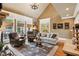 Cozy living room with stone fireplace, hardwood floors, and elegant chandelier at 5945 Bannister Rd, Cumming, GA 30028
