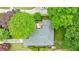 Top-down aerial shot reveals lush greenery surrounding a home with a stone patio and an umbrella at 2298 Pembrook Pl, Atlanta, GA 30324