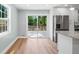 Bright eat-in kitchen area with sliding glass doors leading to a deck, adjacent to stainless steel appliances and white cabinets at 3050 Woodland Nw Dr, Kennesaw, GA 30152