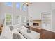 Spacious living room with a stone fireplace, soaring ceilings, and bright windows for natural light at 4035 Pinebrook Cir, Cumming, GA 30028